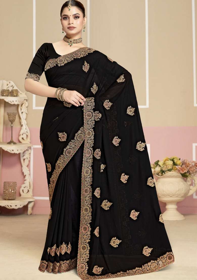Black Georgette Saree Set with Embroidered for Diwali | Wedding & Festive Wear - Indya