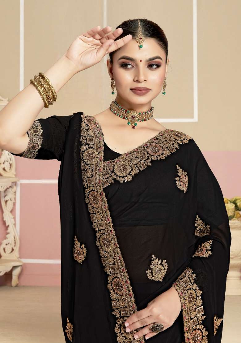Black Georgette Saree Set with Embroidered for Diwali | Wedding & Festive Wear - Indya