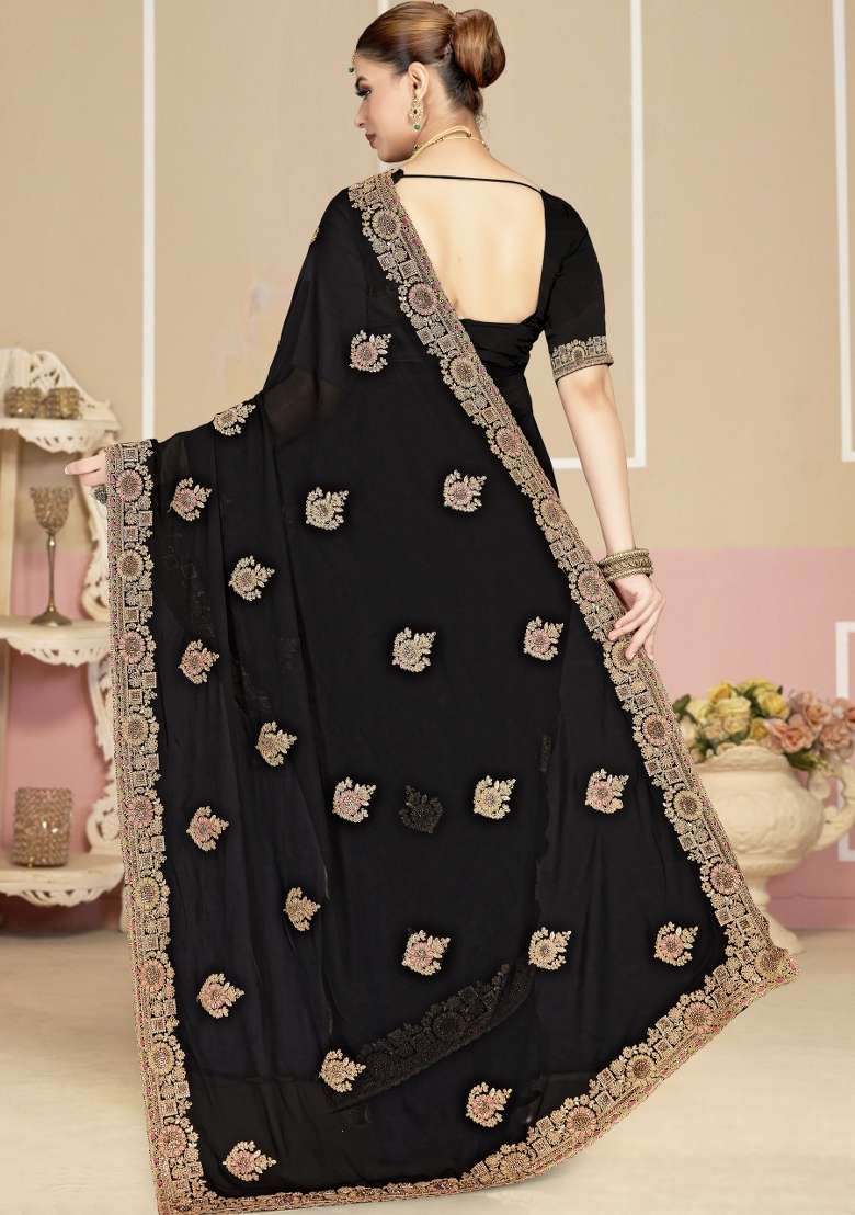 Black Georgette Saree Set with Embroidered for Diwali | Wedding & Festive Wear - Indya