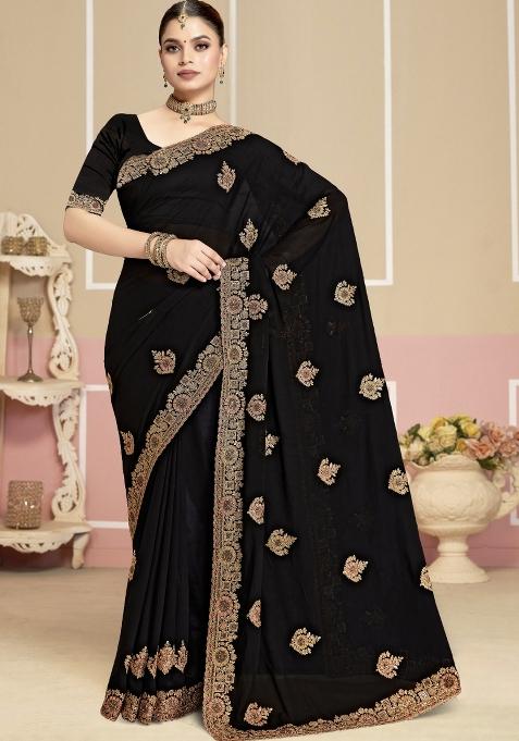 Black Embroidered Georgette Saree Set