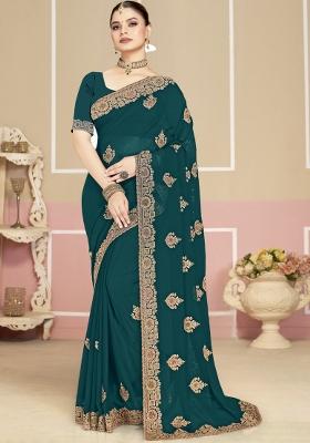 Blue Embroidered Georgette Saree Set