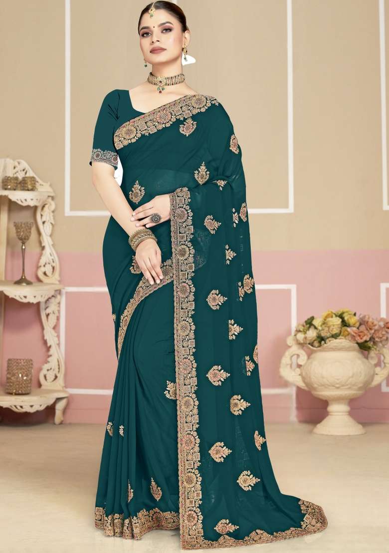 Blue Embroidered Georgette Saree Set for Diwali and Festive Wear - Indya