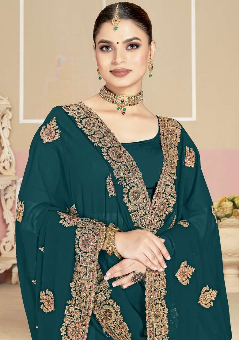 Blue Embroidered Georgette Saree Set for Diwali and Festive Wear - Indya