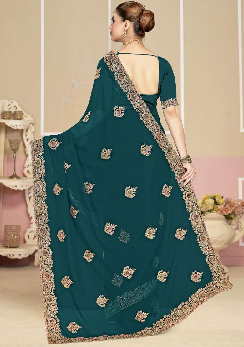 Blue Embroidered Georgette Saree Set for Diwali and Festive Wear - Indya