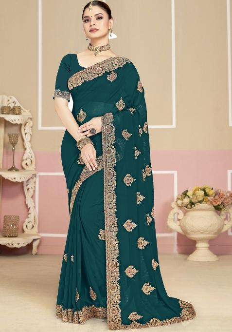 Blue Embroidered Georgette Saree Set