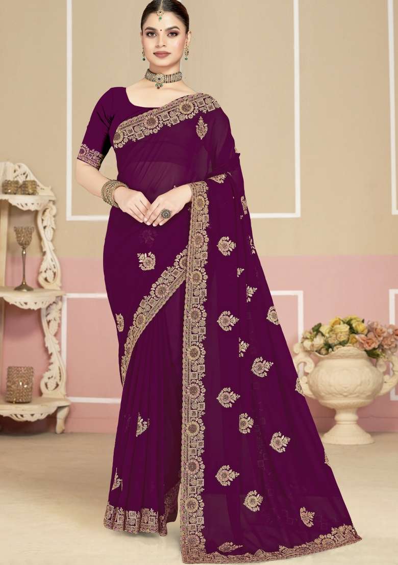 Wine Embroidered Georgette Saree Set for Diwali and Festive Wear - Indya