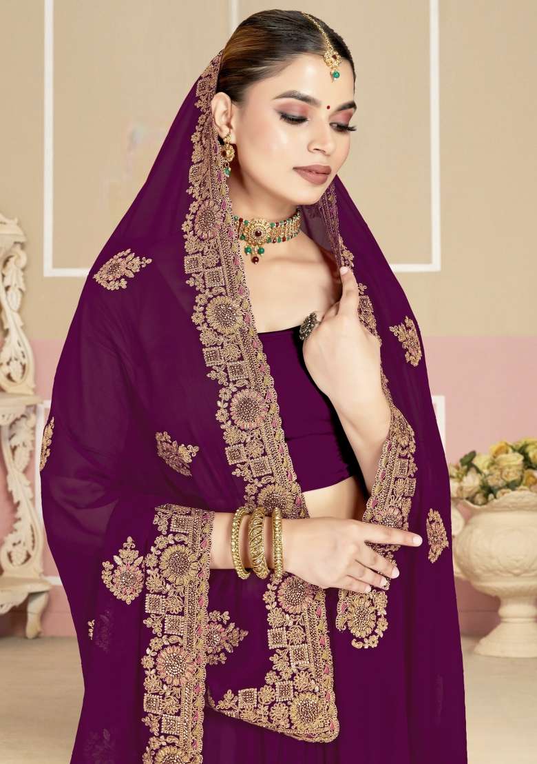 Wine Embroidered Georgette Saree Set for Diwali and Festive Wear - Indya