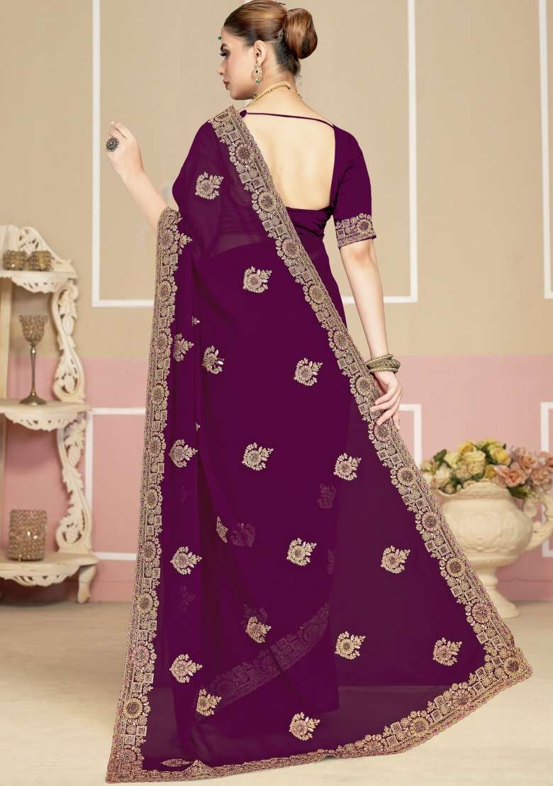 Wine Embroidered Georgette Saree Set for Diwali and Festive Wear - Indya