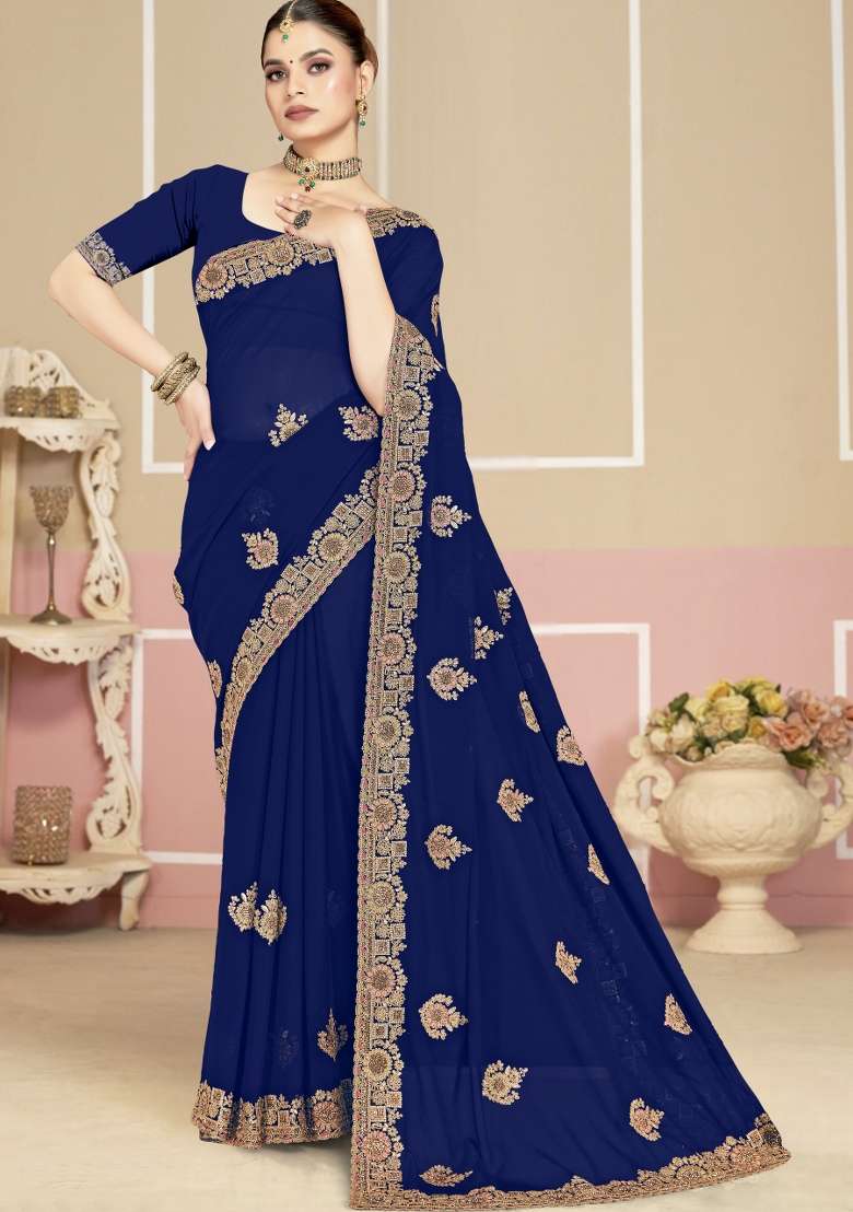 Navy Blue Georgette Saree Set with Embroidered for Diwali | Wedding & Festive Wear - Indya
