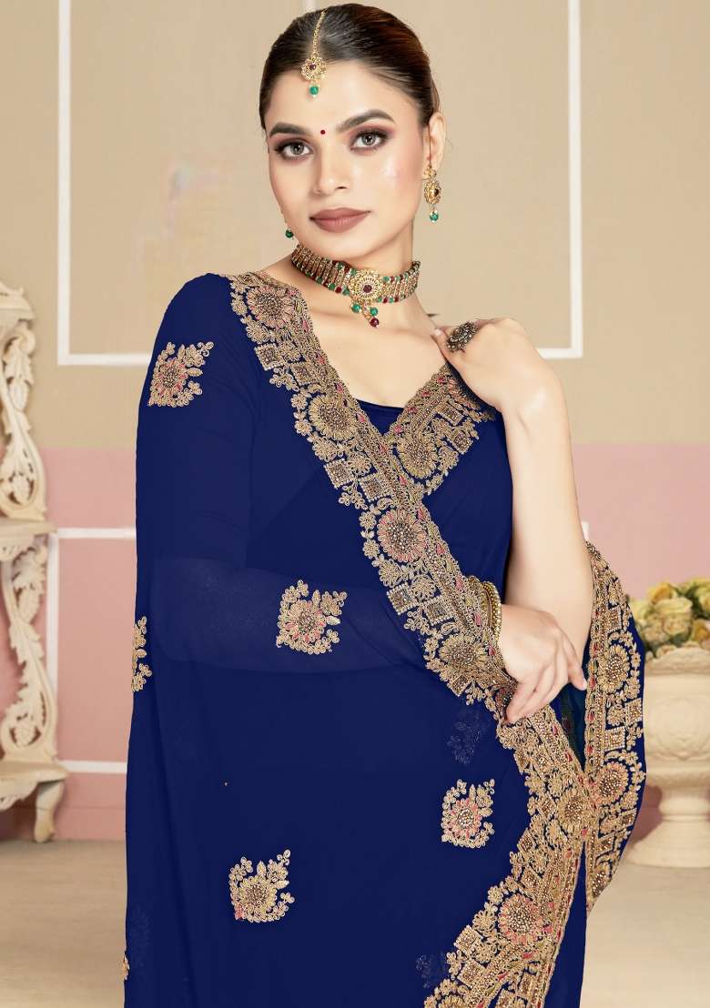 Navy Blue Georgette Saree Set with Embroidered for Diwali | Wedding & Festive Wear - Indya