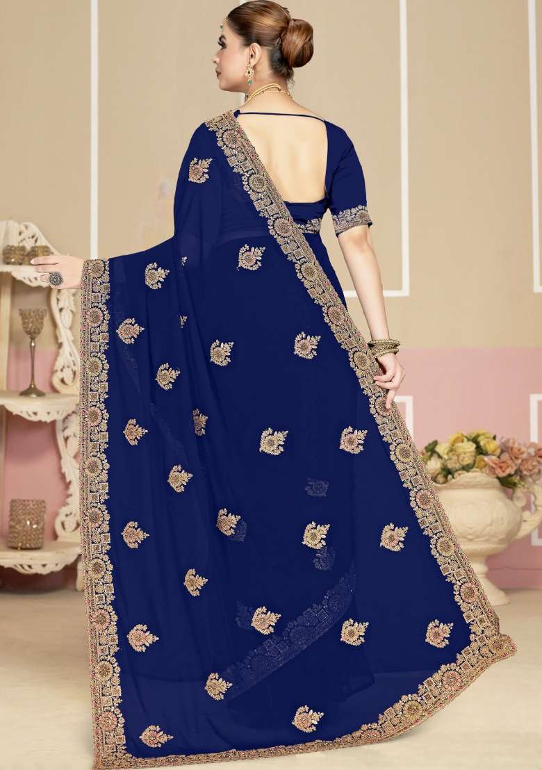 Navy Blue Georgette Saree Set with Embroidered for Diwali | Wedding & Festive Wear - Indya