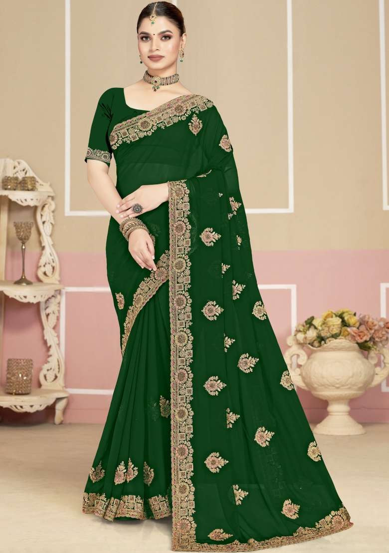 Bottle Green Embroidered Georgette Saree Set for Diwali and Festive Wear - Indya