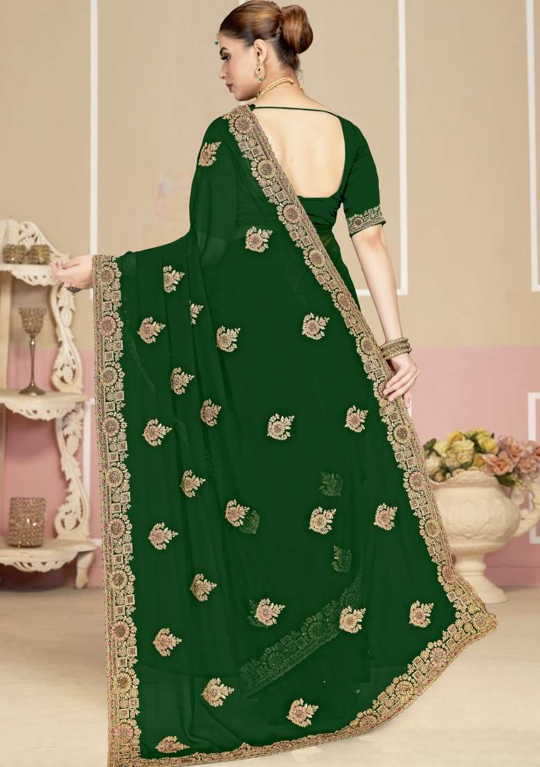 Bottle Green Embroidered Georgette Saree Set for Diwali and Festive Wear - Indya
