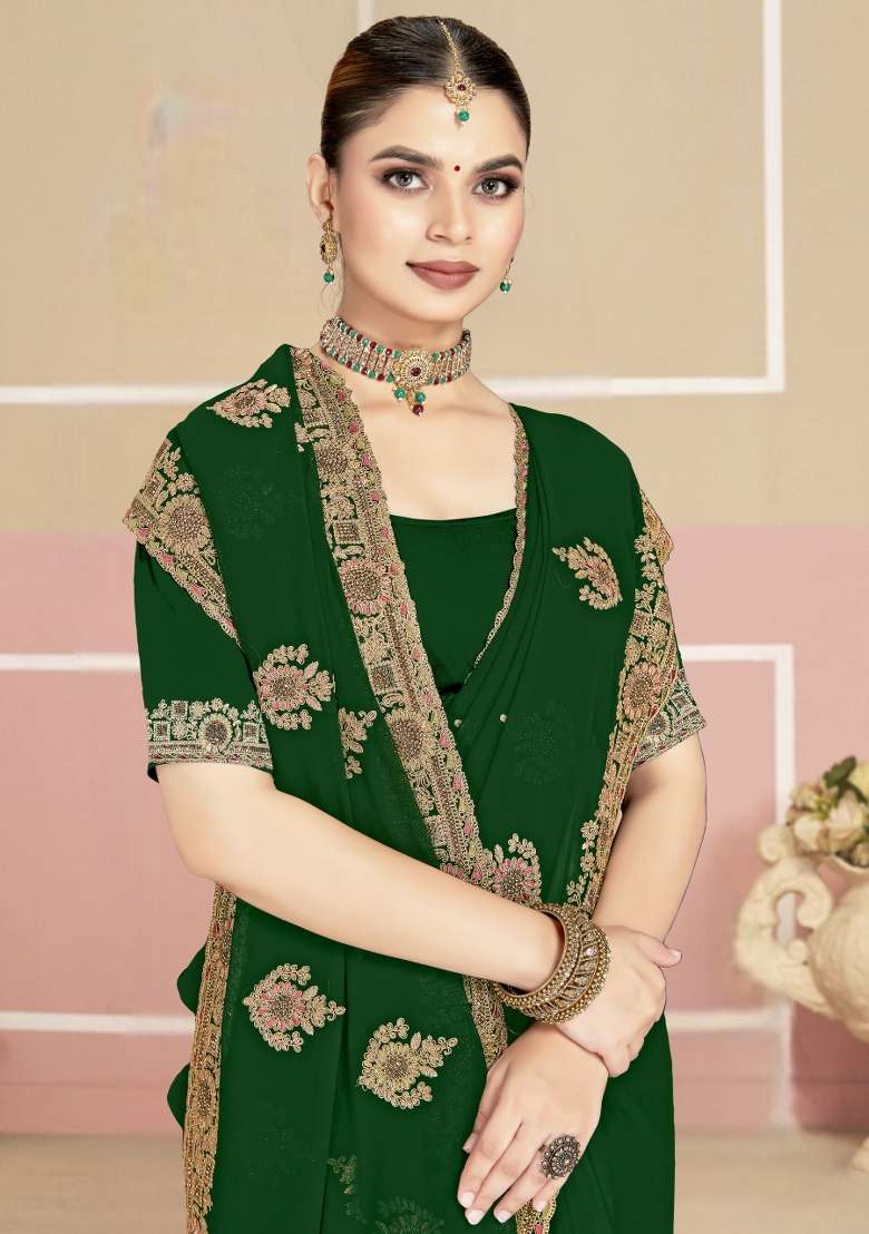 Bottle Green Embroidered Georgette Saree Set for Diwali and Festive Wear - Indya