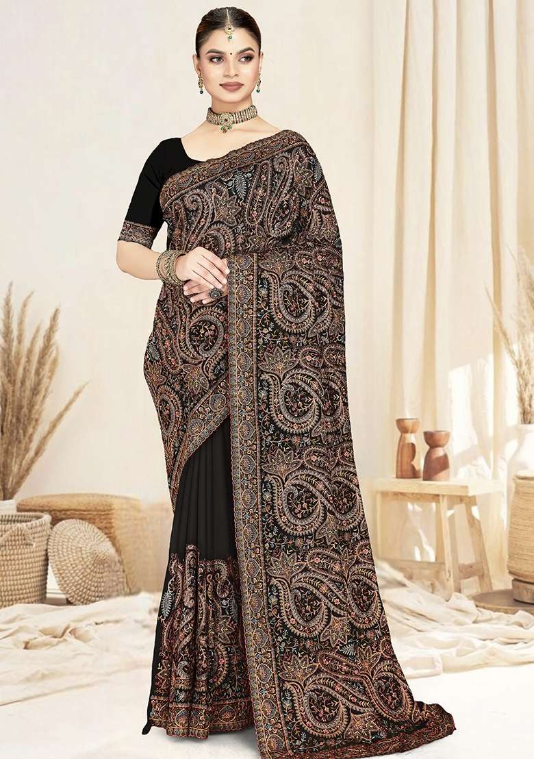 Black Embroidered Georgette Saree Set for Diwali and Festive Wear - Indya