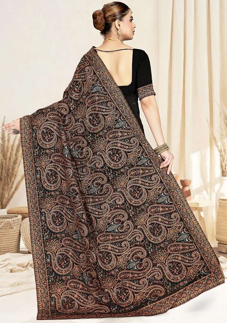 Black Embroidered Georgette Saree Set for Diwali and Festive Wear - Indya