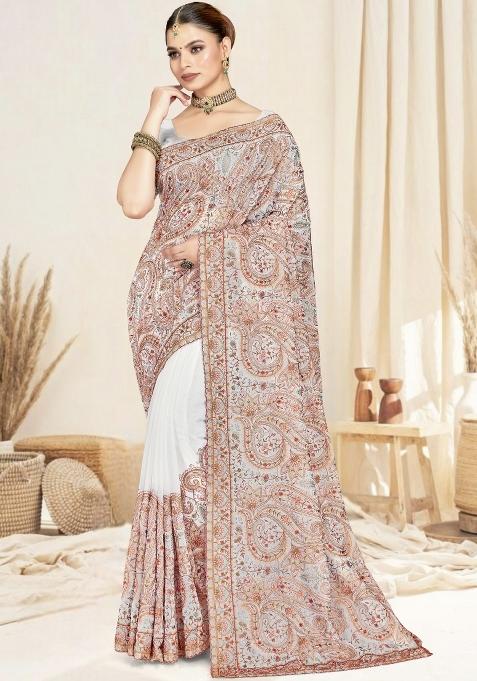 White Embroidered Georgette Saree Set