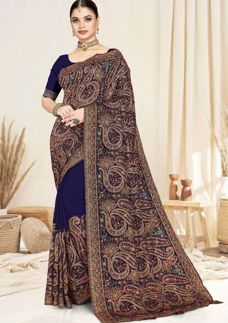Navy Blue Embroidered Georgette Saree Set for Diwali and Festive Wear - Indya
