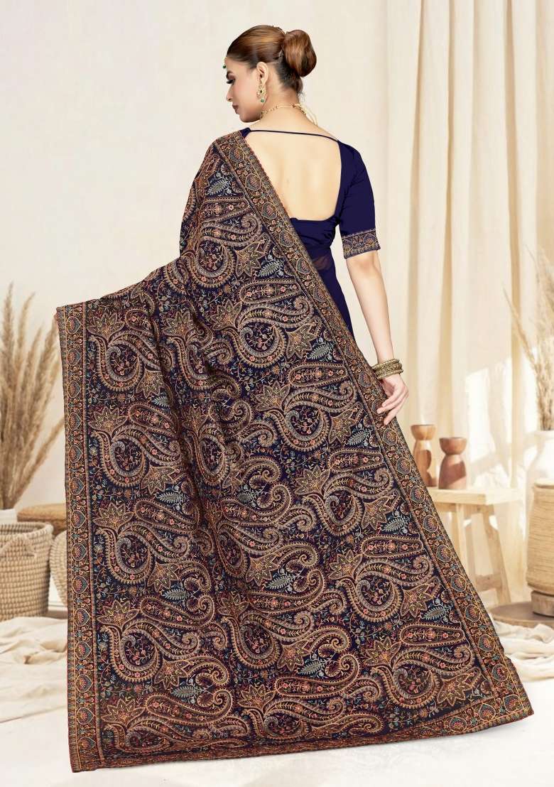 Navy Blue Embroidered Georgette Saree Set for Diwali and Festive Wear - Indya