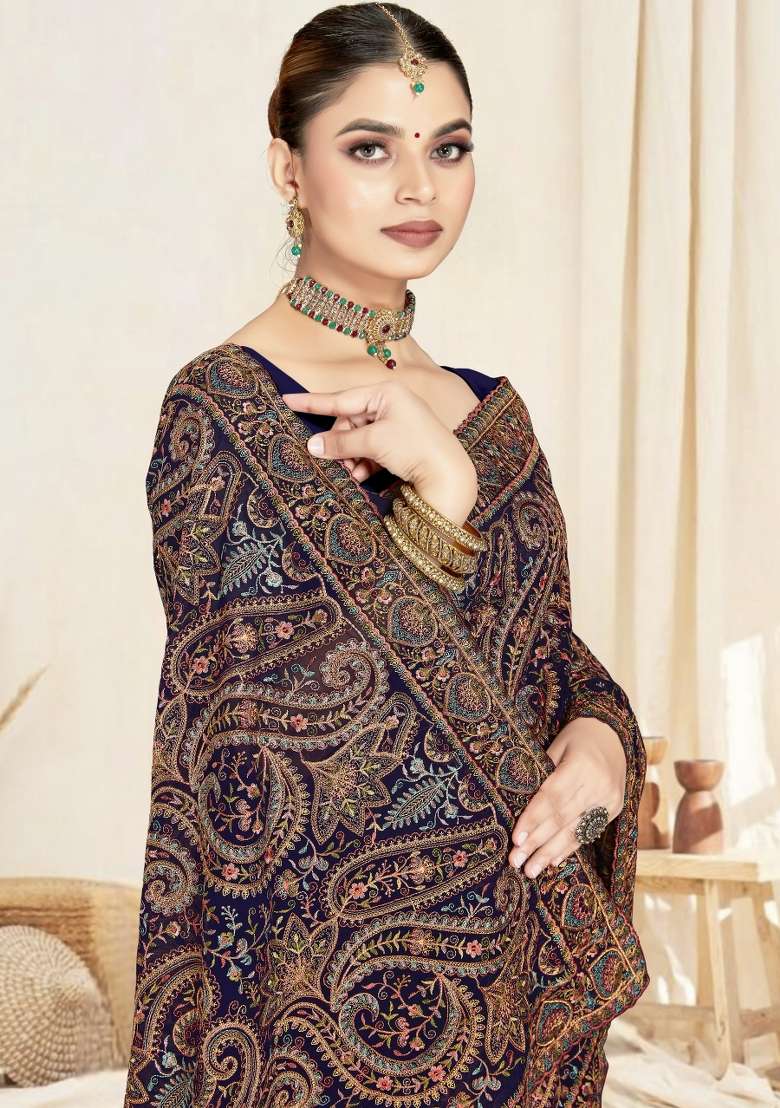 Navy Blue Embroidered Georgette Saree Set for Diwali and Festive Wear - Indya