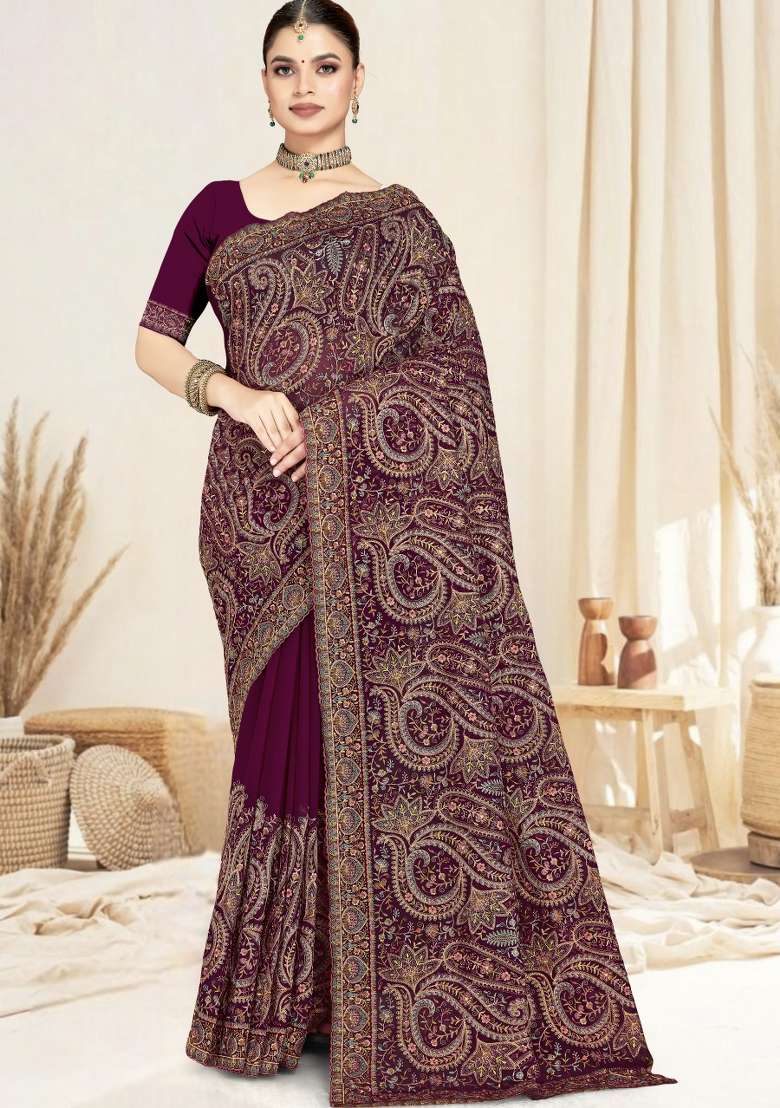 Wine Georgette Saree Set with Embroidered for Diwali | Wedding & Festive Wear - Indya