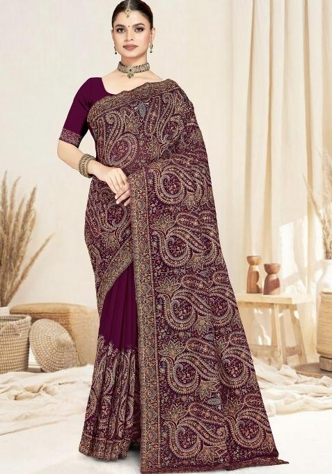 Wine Embroidered Georgette Saree Set