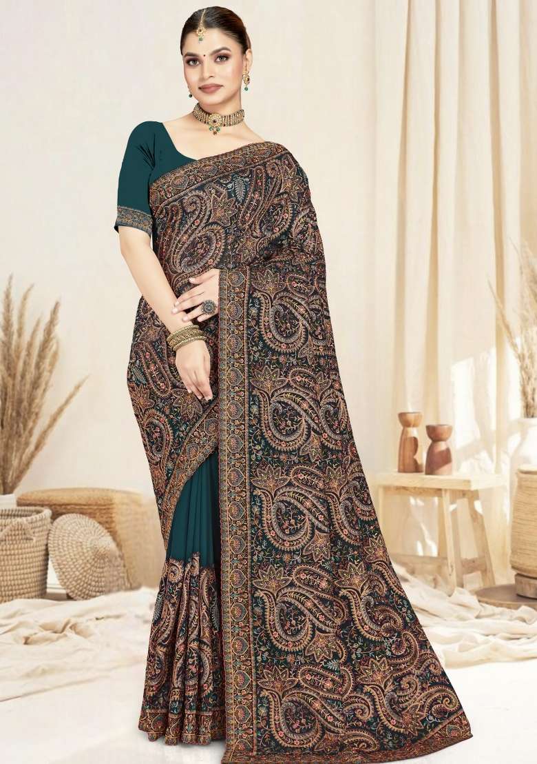 Blue Embroidered Georgette Saree Set for Diwali and Festive Wear - Indya