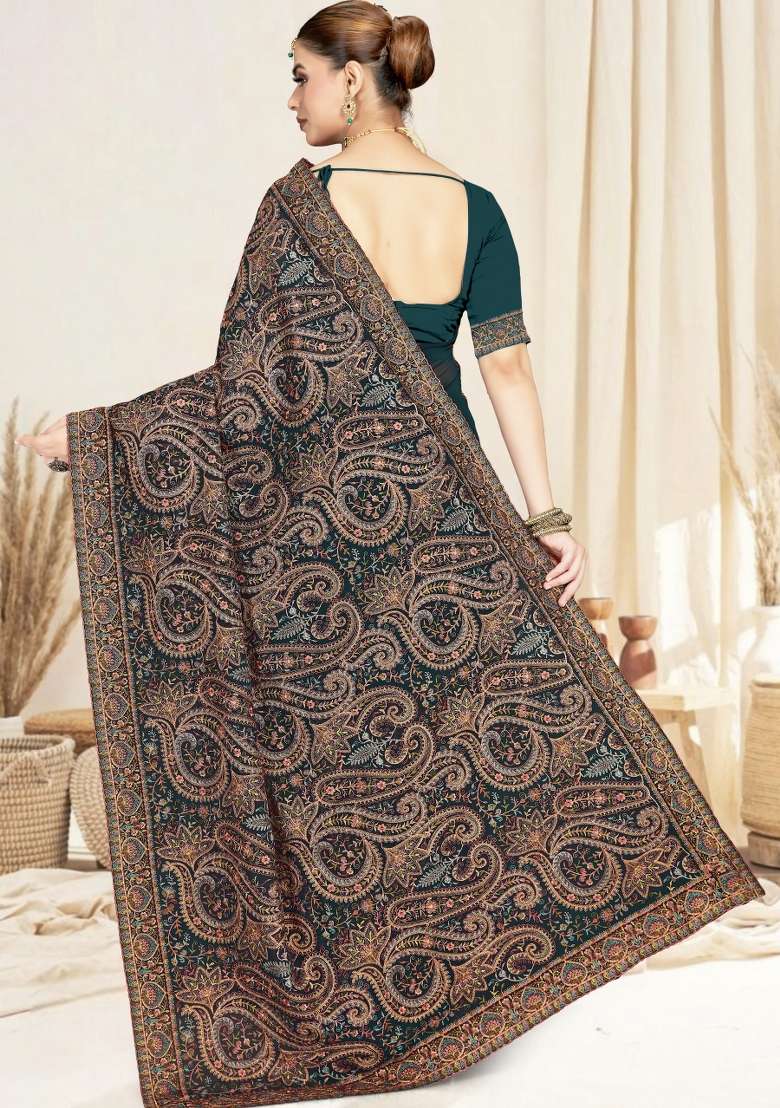 Blue Embroidered Georgette Saree Set for Diwali and Festive Wear - Indya