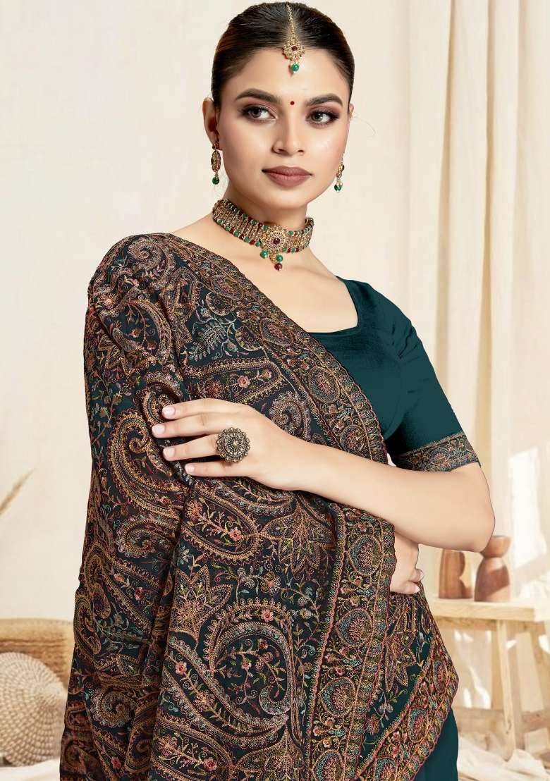 Blue Embroidered Georgette Saree Set for Diwali and Festive Wear - Indya
