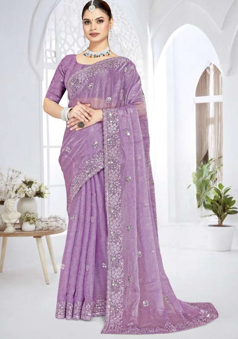 Lavender Embroidered Silk Blend Saree Set for Diwali and Festive Wear - Indya