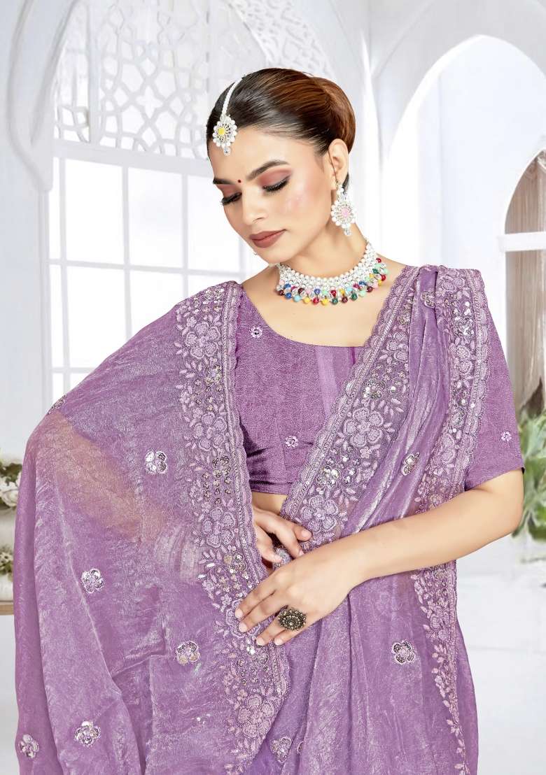 Lavender Embroidered Silk Blend Saree Set for Diwali and Festive Wear - Indya