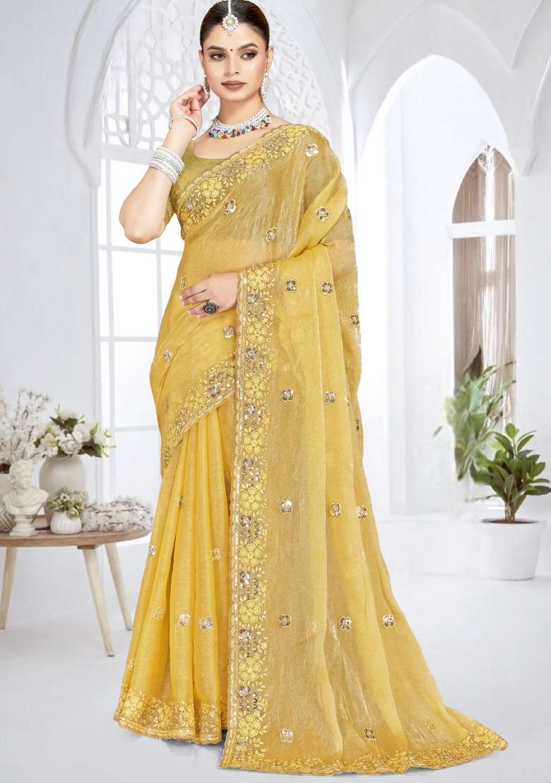 Mustard Yellow Silk Blend Saree Set with Embroidered for Diwali | Wedding & Festive Wear - Indya