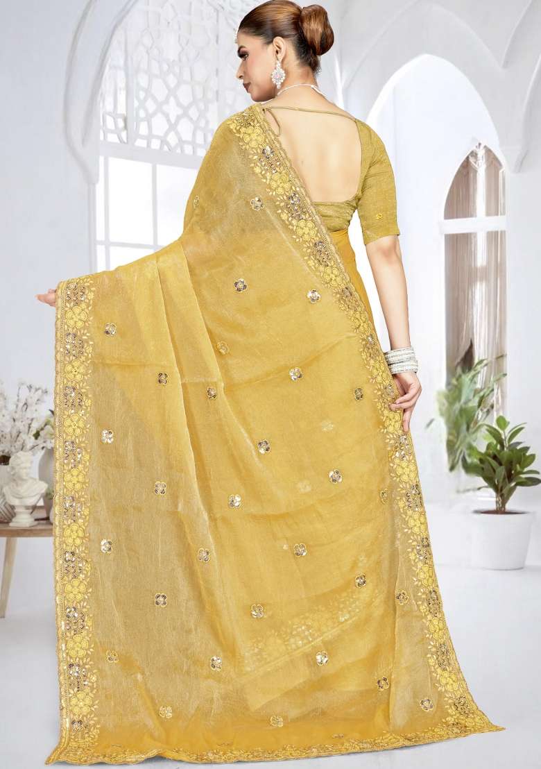 Mustard Yellow Silk Blend Saree Set with Embroidered for Diwali | Wedding & Festive Wear - Indya