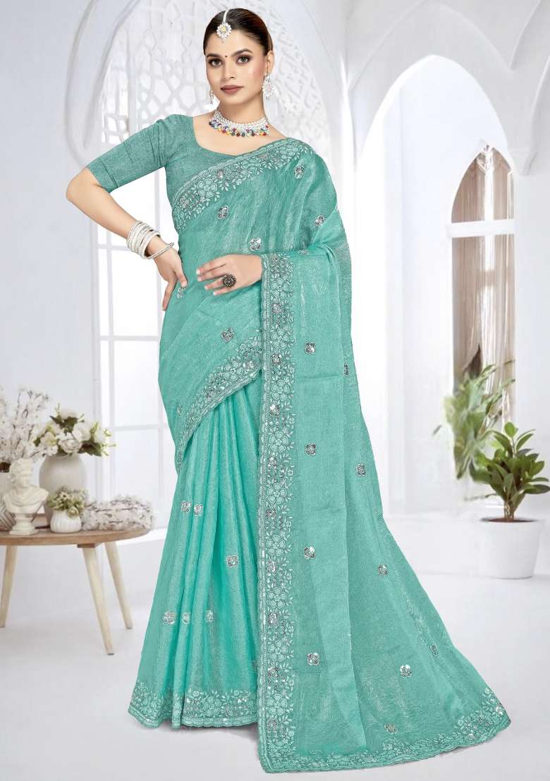 Sky Blue Embroidered Silk Blend Saree Set for Diwali and Festive Wear - Indya