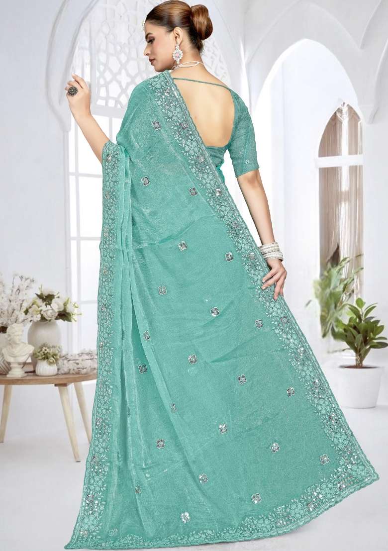 Sky Blue Embroidered Silk Blend Saree Set for Diwali and Festive Wear - Indya