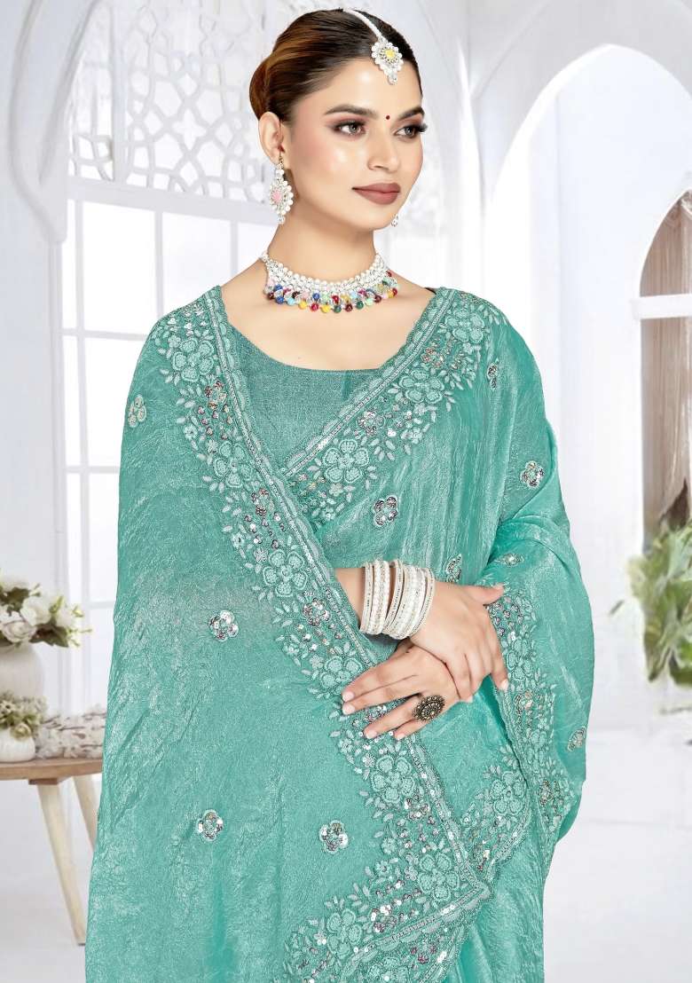 Sky Blue Embroidered Silk Blend Saree Set for Diwali and Festive Wear - Indya
