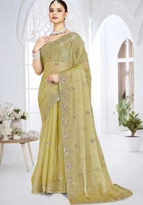 Mehendi Silk Blend Saree Set with Embroidered for Diwali | Wedding & Festive Wear