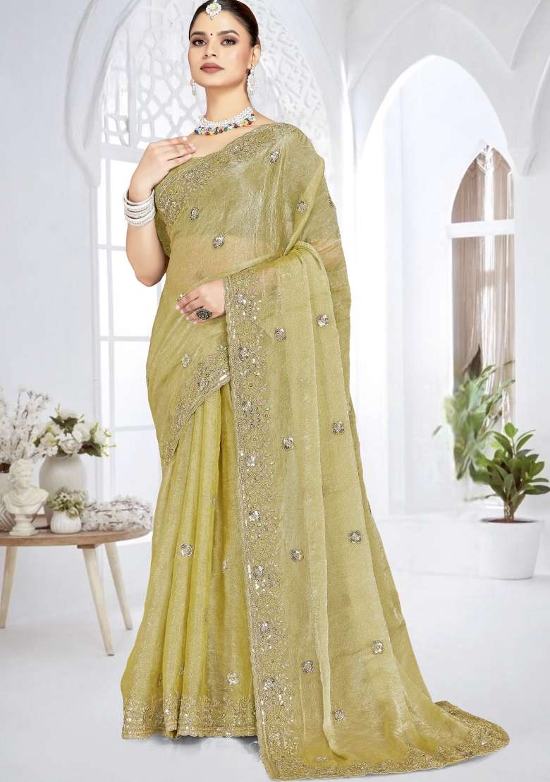 Mehendi Silk Blend Saree Set with Embroidered for Diwali | Wedding & Festive Wear - Indya