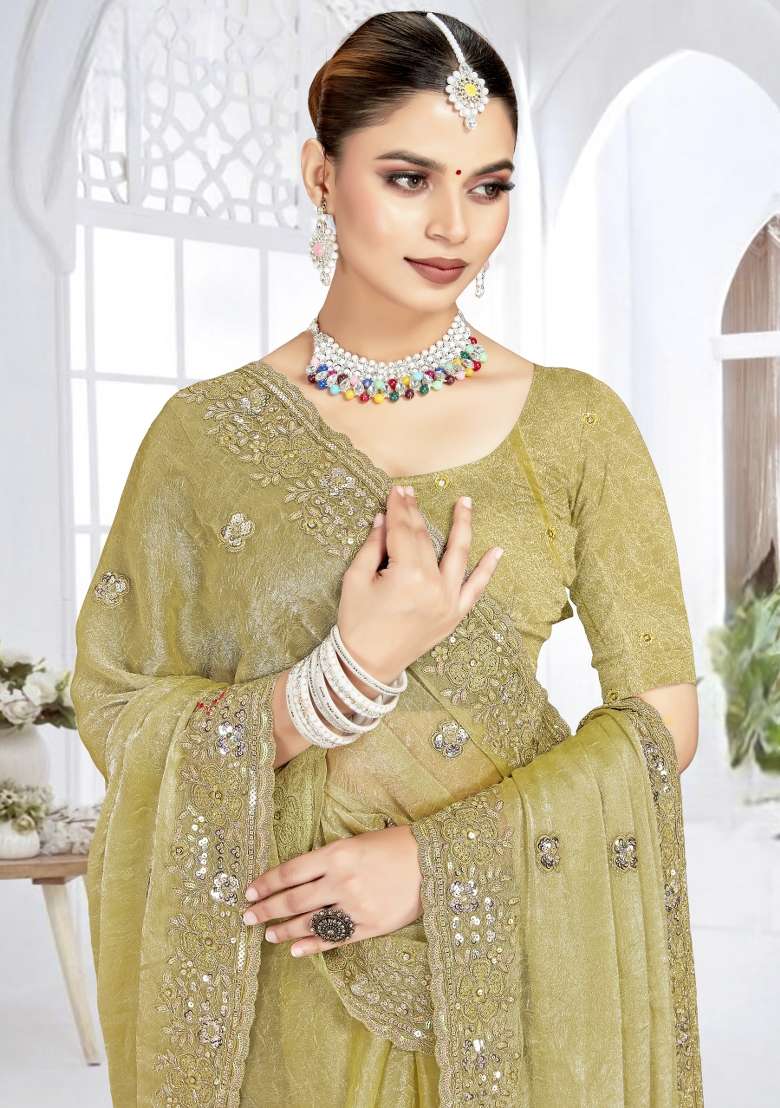 Mehendi Silk Blend Saree Set with Embroidered for Diwali | Wedding & Festive Wear - Indya