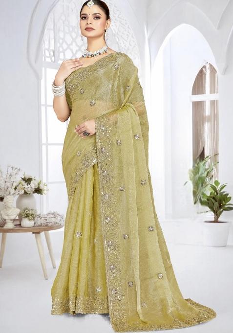 Mehendi Embroidered Silk Saree Set