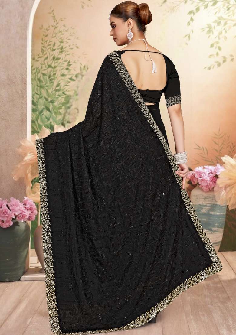 Black Embroidered Georgette Saree Set - Indya