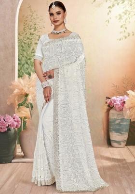 White Embroidered Georgette Saree Set