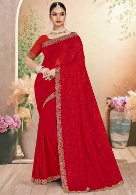 Red Embroidered Georgette Saree Set