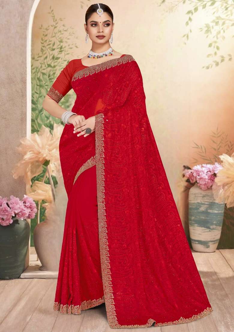 Red Embroidered Georgette Saree Set - Indya