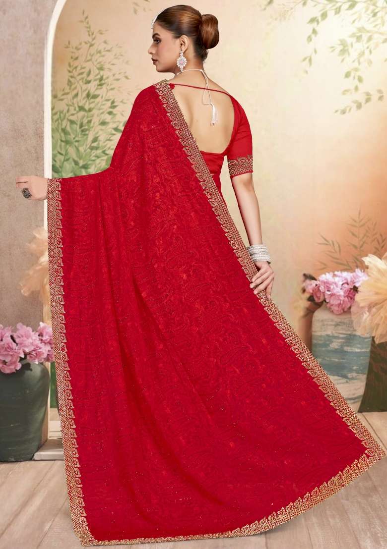 Red Embroidered Georgette Saree Set - Indya