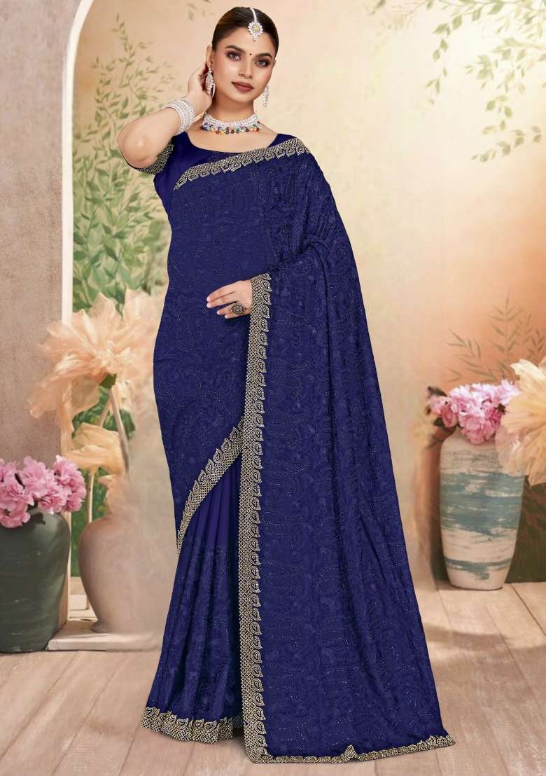 Navy Blue Embroidered Georgette Saree Set - Indya