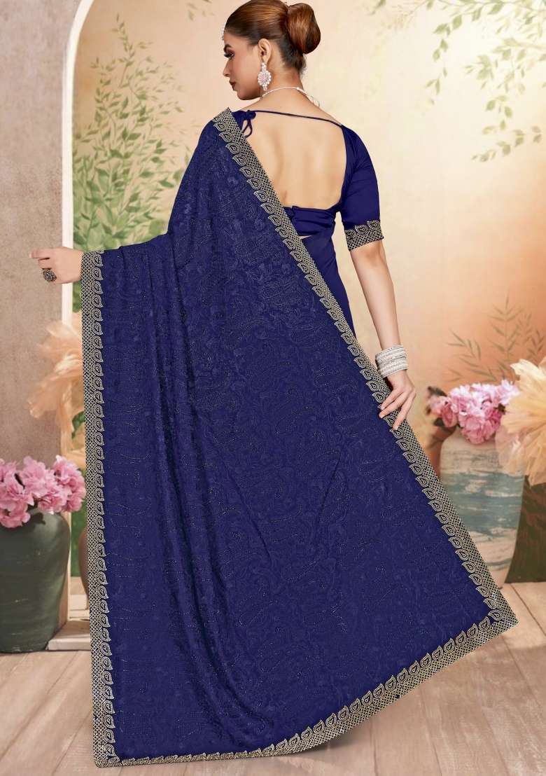 Navy Blue Embroidered Georgette Saree Set - Indya