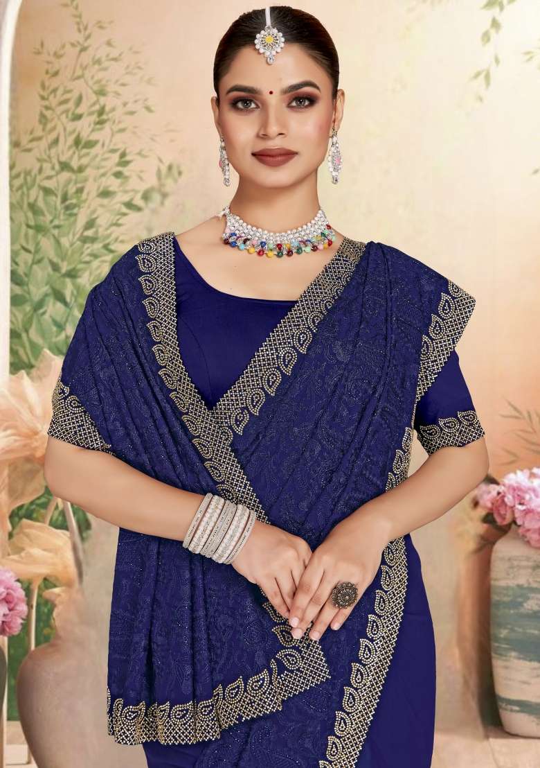 Navy Blue Embroidered Georgette Saree Set - Indya