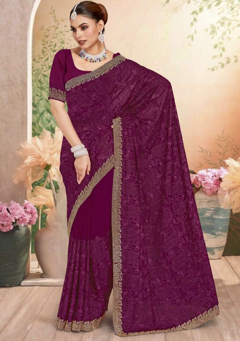 Wine Embroidered Georgette Saree Set - Indya