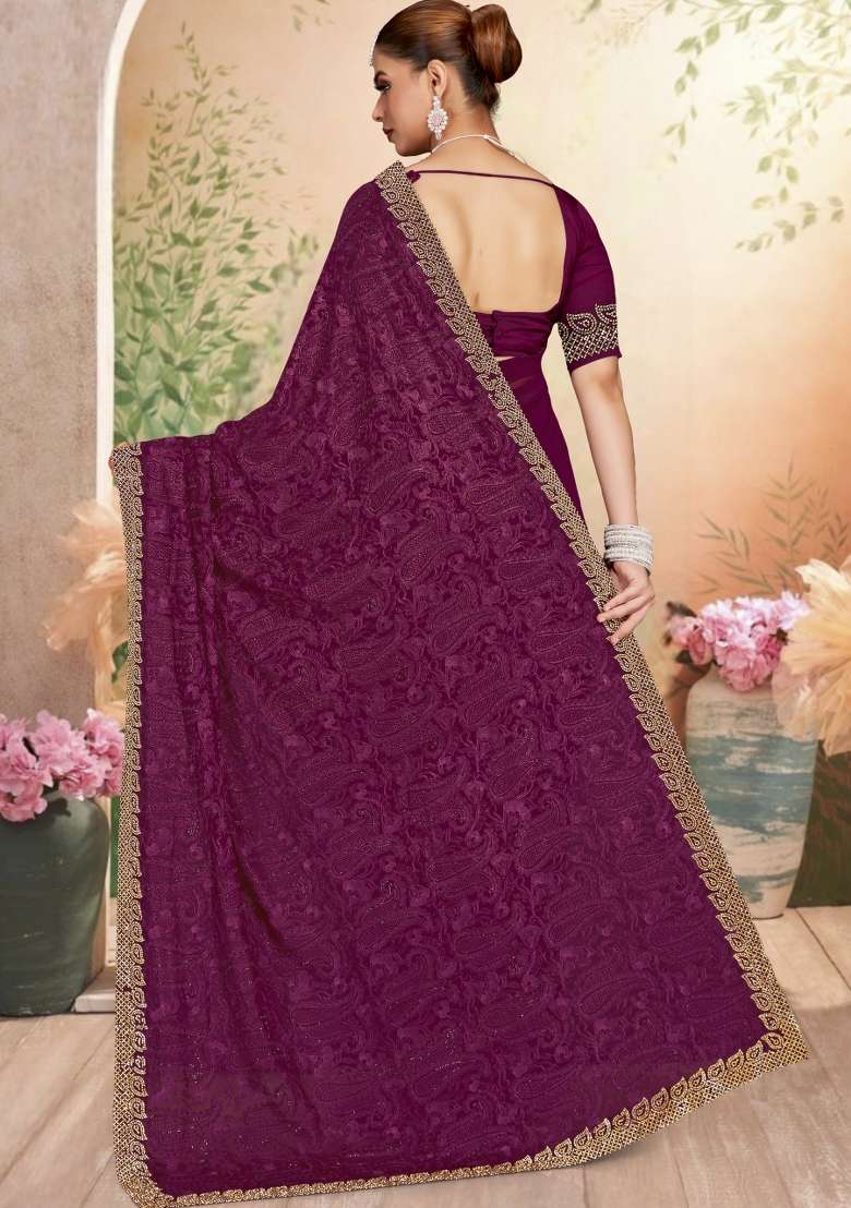 Wine Embroidered Georgette Saree Set - Indya